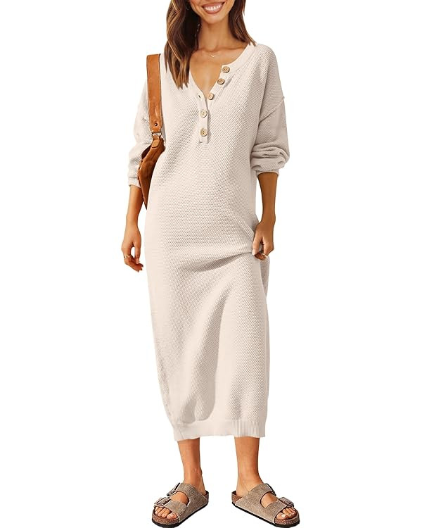 LILLUSORY Women Pullover Sweater Maxi Dresses 2023 Fall Long Sleeve Button V Neck Oversized Waffl... | Amazon (US)