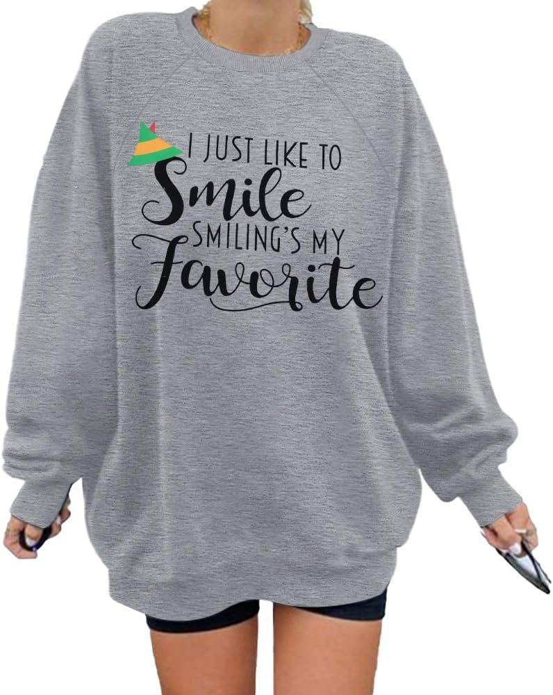 FLOYU Women I Like to Smile Smiling's My Favorite Sweatshirt Christmas Elf Pullover Oversized Mer... | Amazon (US)