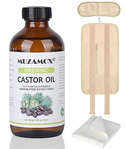 MUZAMOX Castor Oil Pack Wrap & 8fl.oz Glass Bottle Set, Organic Cold-Pressed Unrefined Castor Oil Included | Amazon (US)