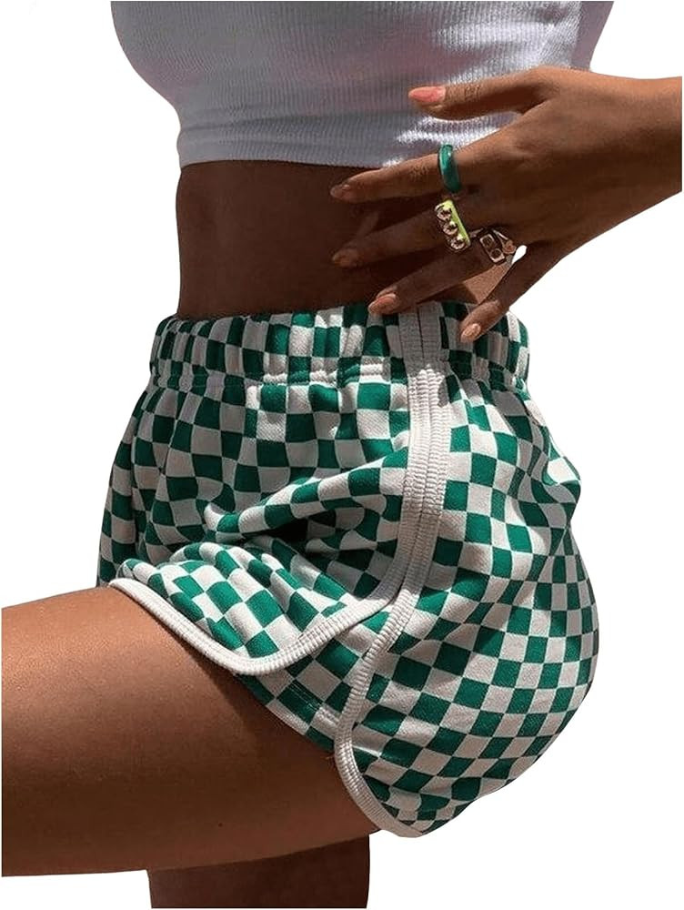 WDIRARA Women's Plaid Elastic High Waisted Shorts Workout Gym Athletic Checkered Track Shorts | Amazon (US)