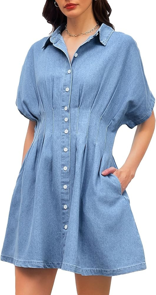 Ladyful Womens Summer Denim Dress Casual Button Down Mini Dress Short Sleeve Jean Dresses with Po... | Amazon (US)