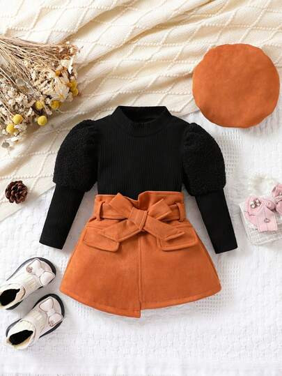 Baby Girl Mock Neck Gigot Sleeve Tee & Stepped Waist Asymmetrical Hem Belted Skirt & Hat | SHEIN