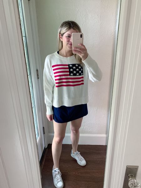 Flag sweater under $50. I sized up to a medium, amazon tennis skirt, 4th of July outfit ideas 

#LTKFindsUnder50 #LTKSeasonal