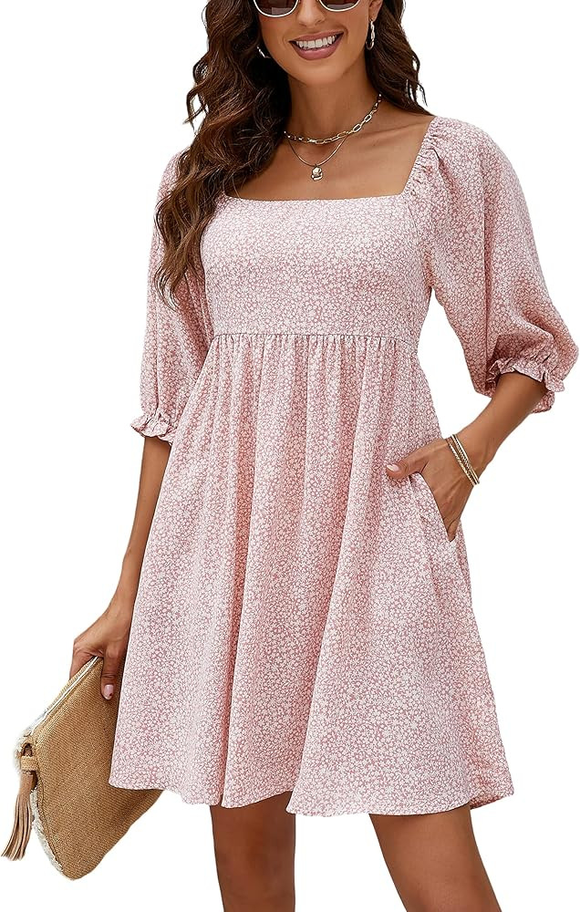 Blooming Jelly Womens Floral Babydoll Dress Square Neck 3/4 Puff Sleeve Dress Boho Mini Summer La... | Amazon (US)