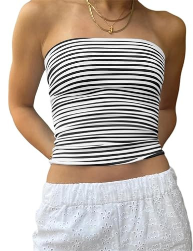 AKLOPVII Women's Y2K Tube Top Striped Backless Crop Tank Strapless Bandeau Going Out Cami Shirts Summer Outfits Corset Black White | Amazon (US)