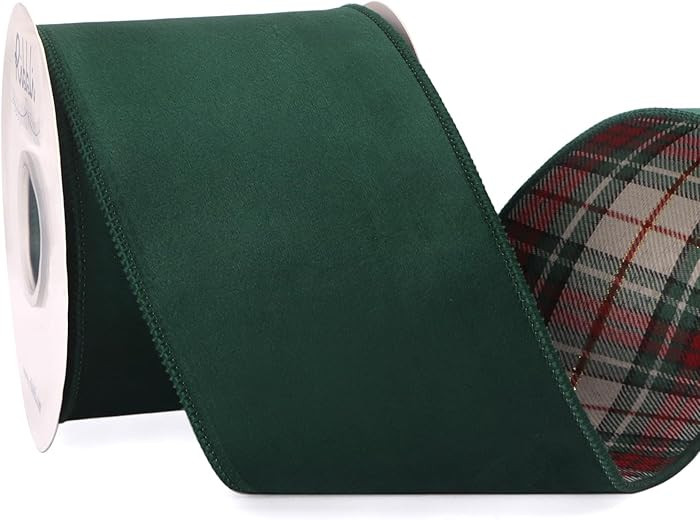 Ribbli Forest Green Velvet Wired Ribbon with Plaid Reversible 4 Inch Christmas Ribbon for Gift Wr... | Amazon (US)