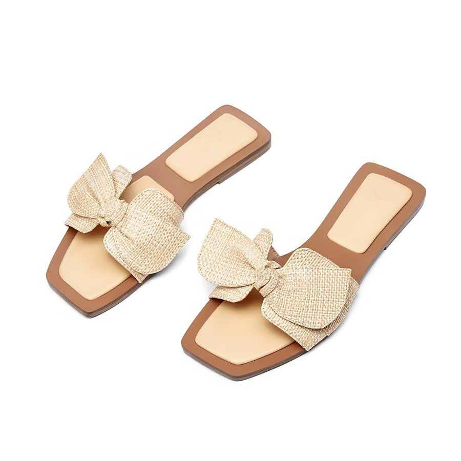 LAICIGO Womens Slip on Bow Sandals Dressy Comfortable Flat Sandals Square Toe Summer Slides | Amazon (US)