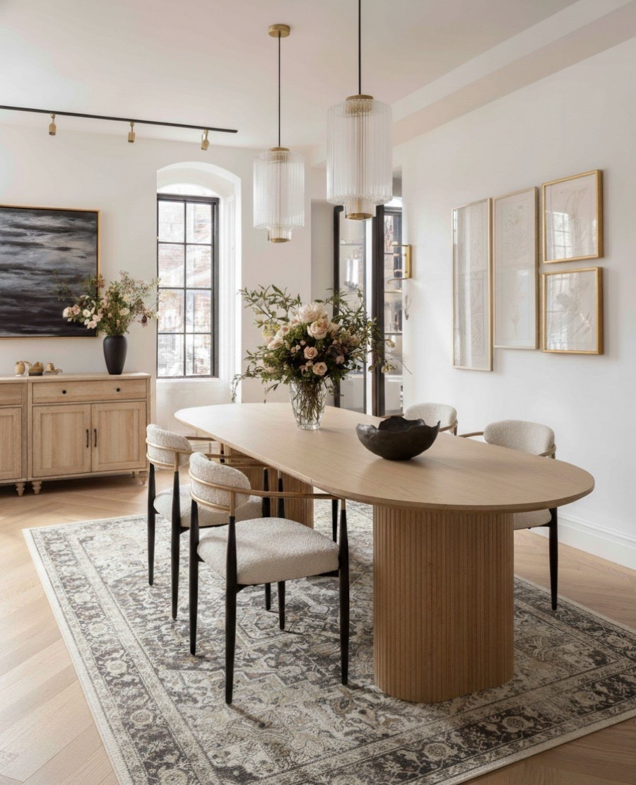 ✨ Shop the look:
Light oak oval dining table | Ivory boucle dining chairs | Brass and glass ribbed pendants | Vintage taupe and ivory rug | Blonde wood sideboard | Matte black vase | Neutral floral arrangement | Gold-framed wall art | Black metal window frames | Ceramic decor accents 


#LTKHome #LTKSaleAlert #LTKFindsUnder100