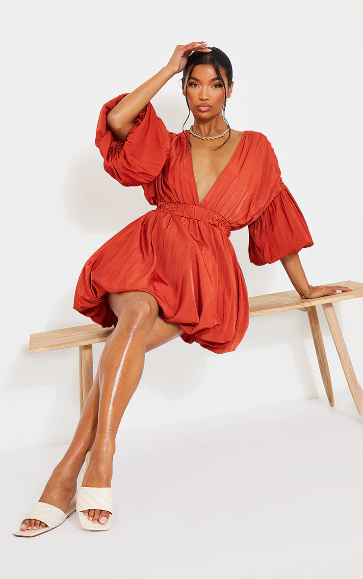 Terracotta Puff Sleeve Puffball Hem Shift Dress | PrettyLittleThing US