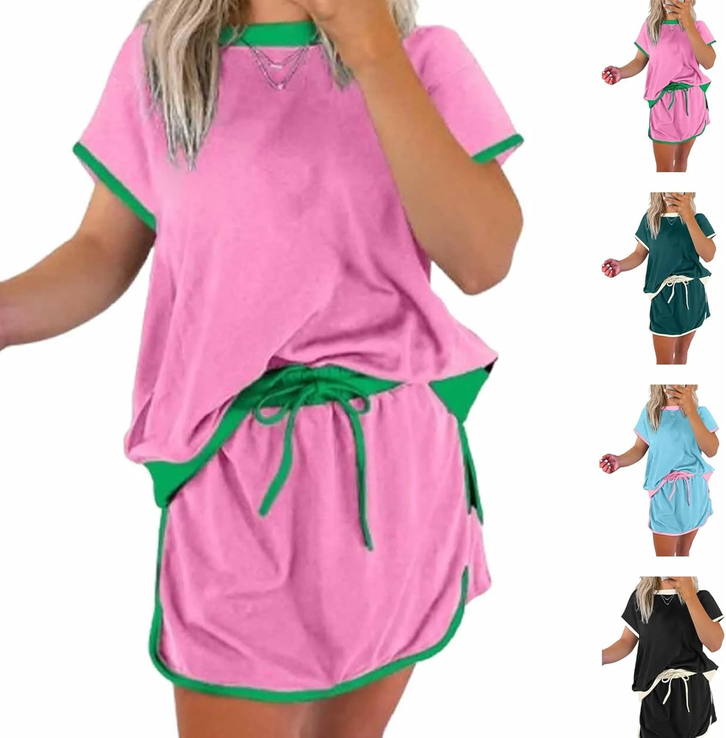 Pinklaura Short Set, Women's Colorblock Edge Drop Shoulder T-Shirt Skort 2Pcs Set, Women's Two Pi... | Walmart (US)