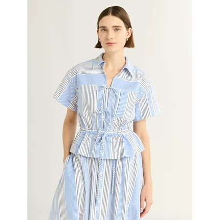 Free Assembly Women s and Women s Plus Bow Front Cotton Utility Shirt with Short Sleeves XS-4X | Walmart (US)