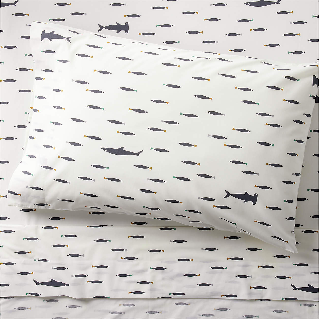 Stay Cool Shark School 100% Organic Cotton Percale Kids Twin Sheet Set + Reviews | Crate & Kids | Crate & Barrel