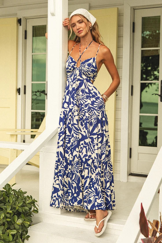 Mykonos Memories Blue and Ivory Abstract Maxi Dress With Pockets | Lulus