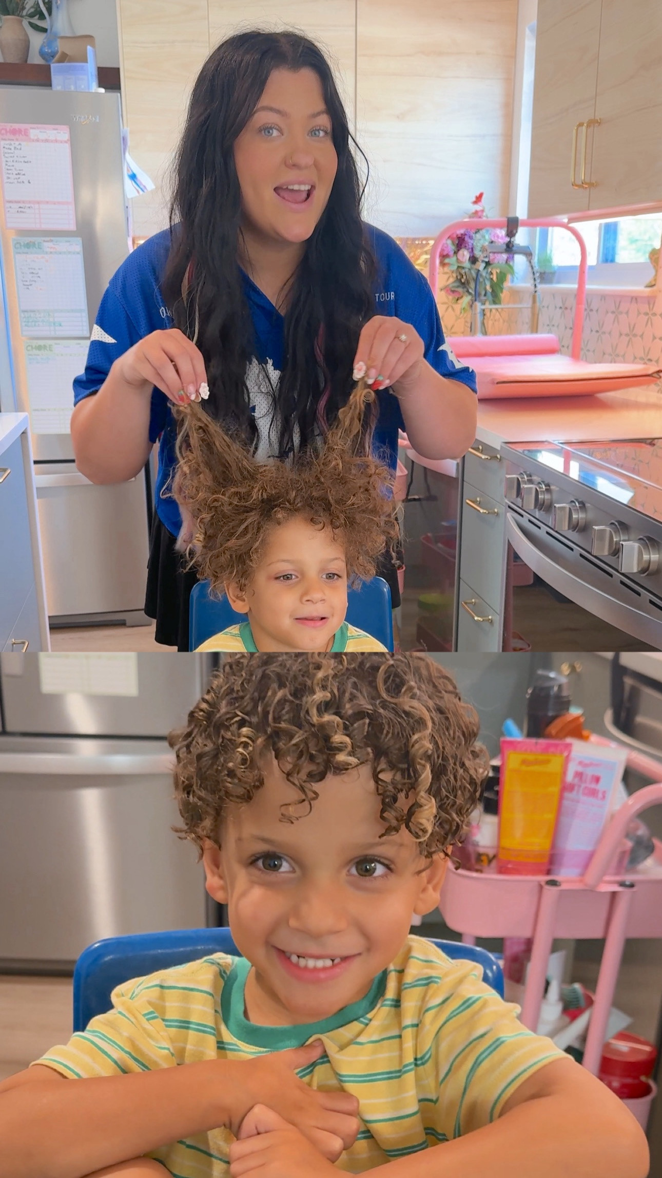 a curly cut for my cutie boy! we washed and styled his curls first, and his curls are looking amazing! 😍 #curlyhaircare 