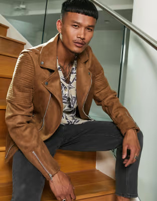 ASOS DESIGN faux suede biker jacket in tan | ASOS (Global)