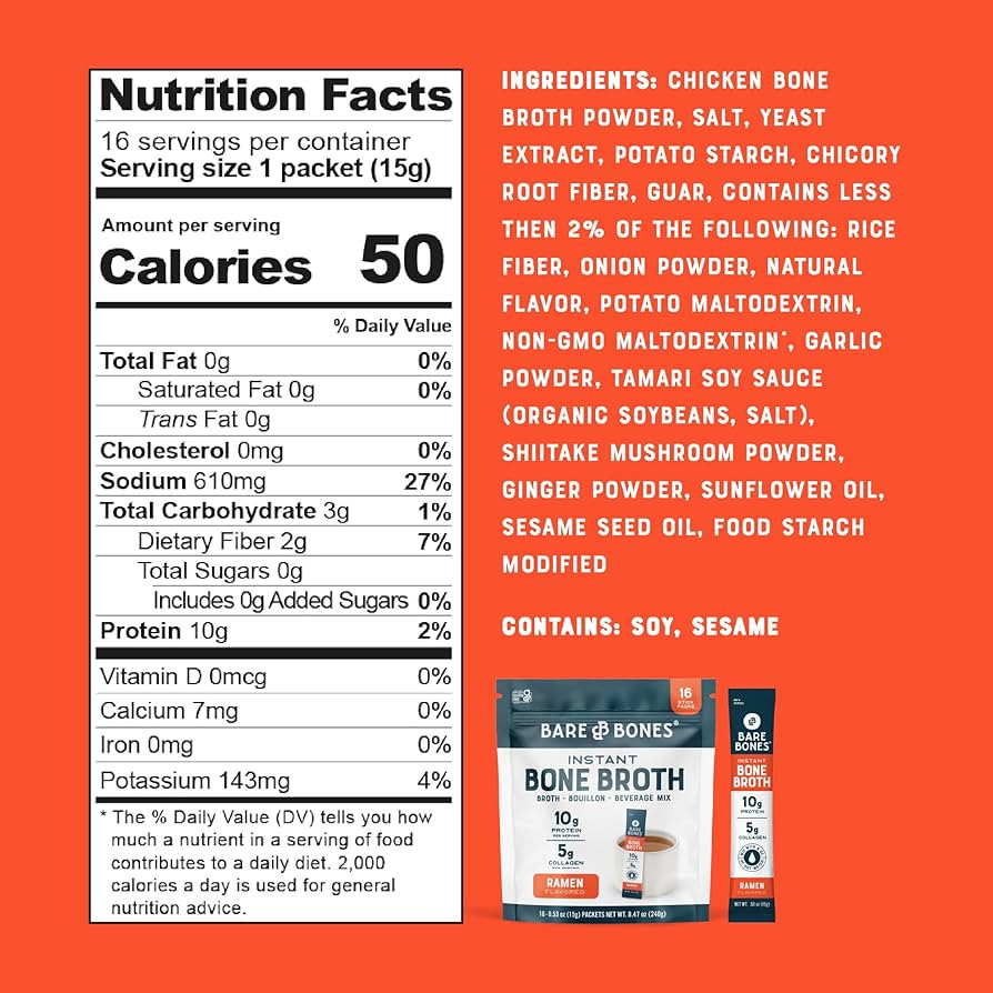 Bare Bones Ramen Bone Broth Instant Powdered Mix Packets | 5g Collagen | 10g Protein | Keto & Pal... | Amazon (US)