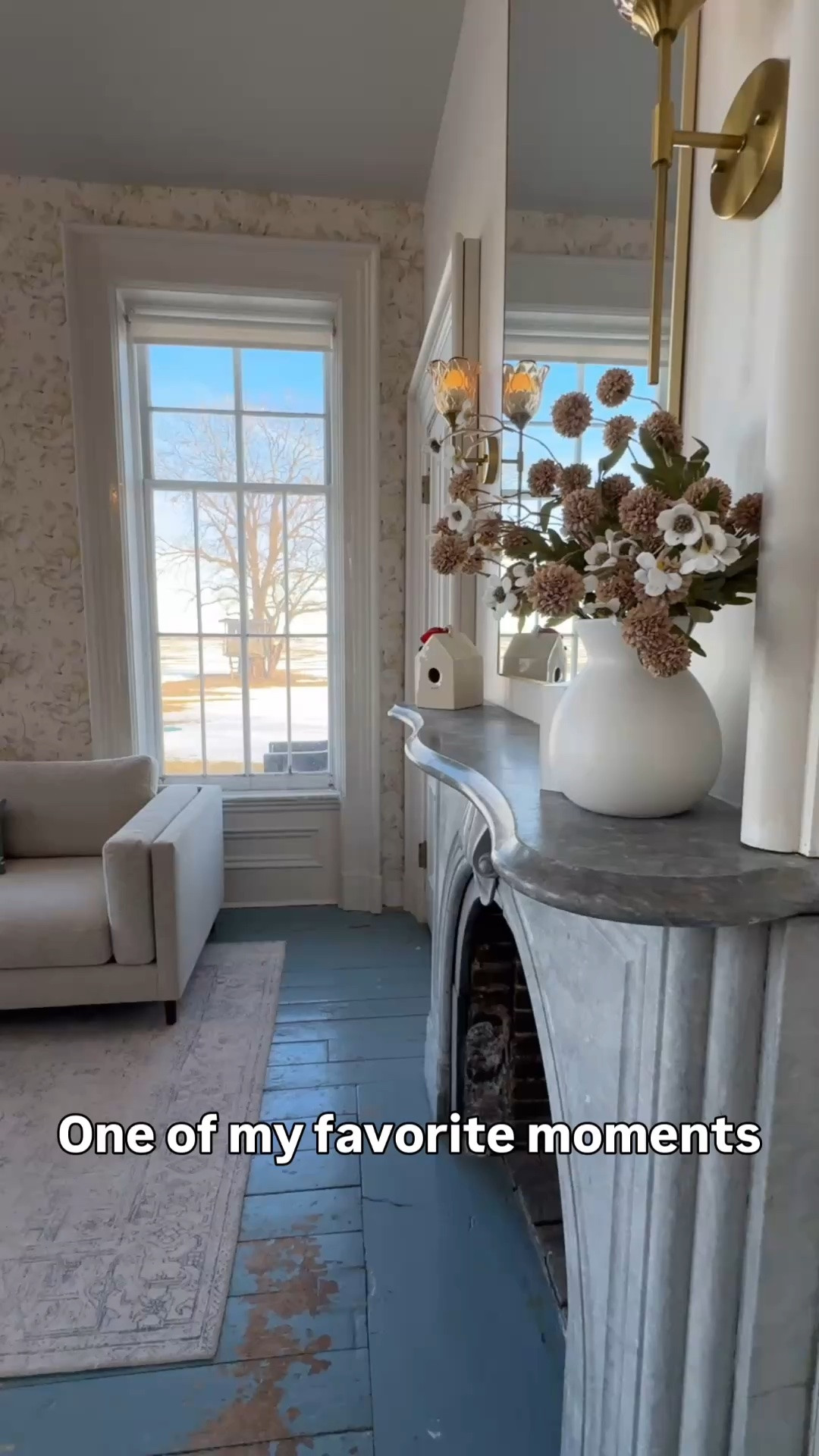 This room was a mess when we started. The smell was awful, the plaster was crumbling and the wallpaper was peeling. 

Now it’s one of my favorites because of the lighting. Plus the mantle from the 1860s