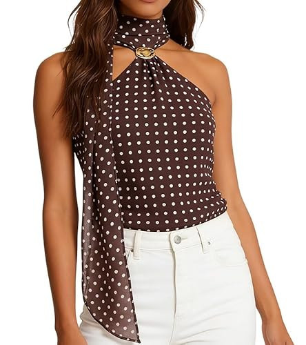 Polka Dot Tops for Women Halter Neck with Strap Backless Top Sexy Outfit Brown | Amazon (US)