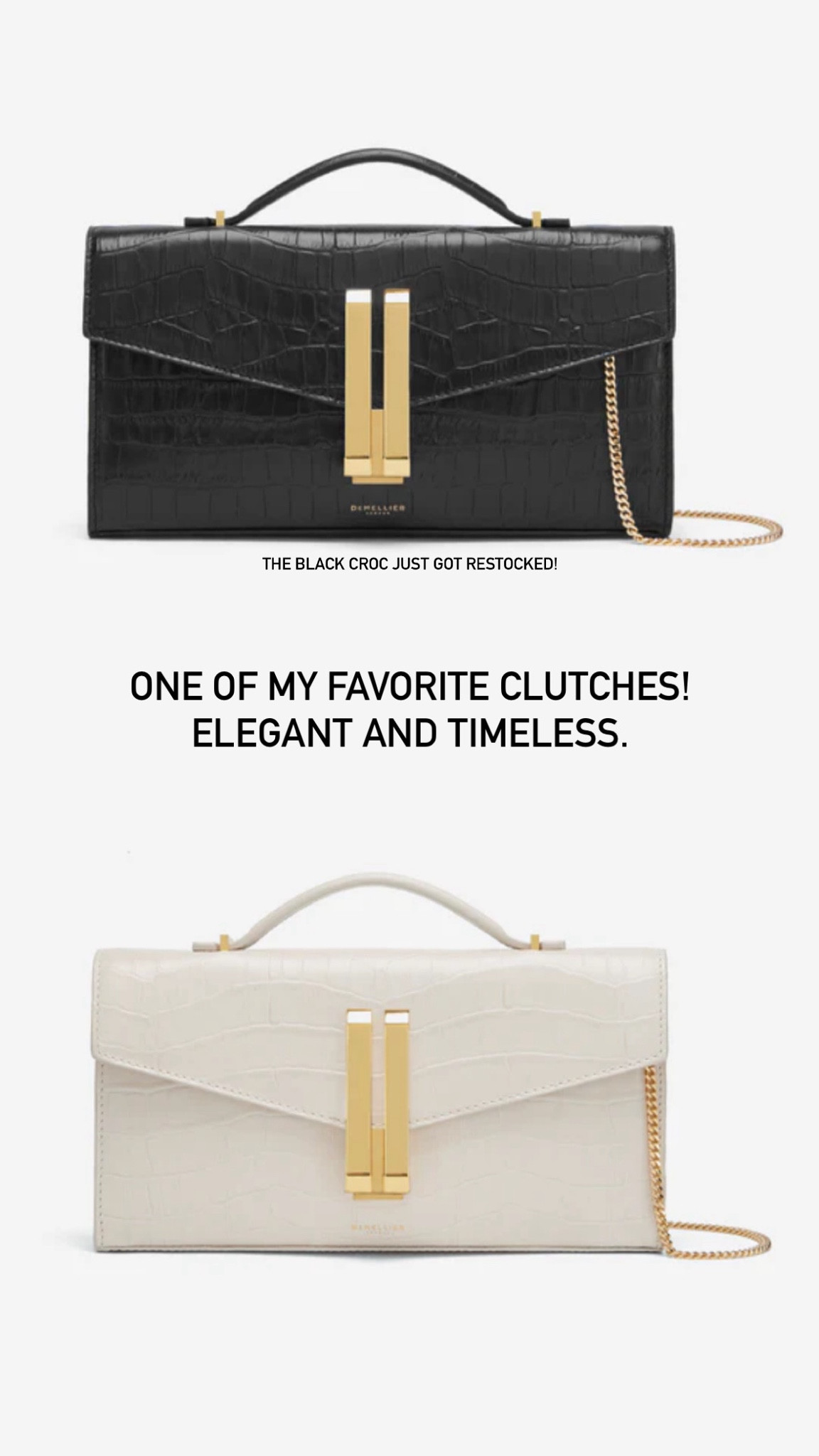 One of my favorite clutches! Elegant and timeless. Designer bag reasonably priced  The black croc just got restocked! Which color do you prefer?

Clutch, purse, top handle bag, top handle purse, The Stylizt 

#LTKItBag #LTKNYFW #LTKWedding