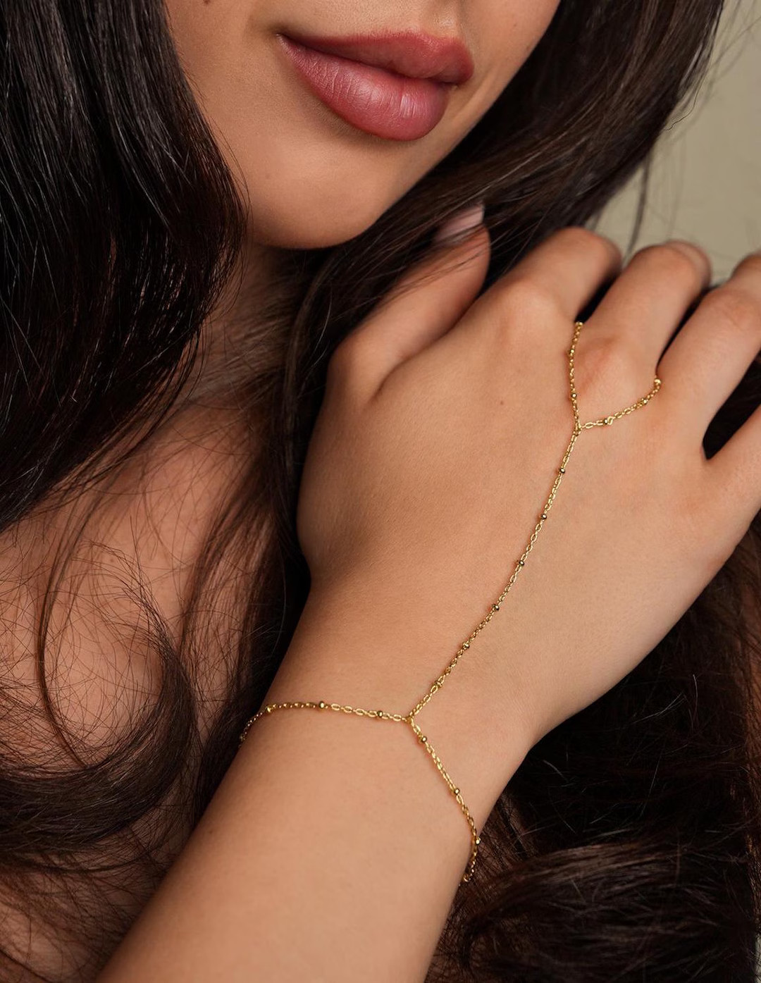 Satellite Hand Chain 14k Gold Silver Finger Bracelet Dainty Minimalist Beaded Cable Chain Ring Ad... | Etsy (US)