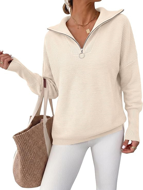 ANRABESS Women Long Sleeve Quarter Zip Pullover Fall Sweater | Collared Lapel V Neck Shirts,Soft ... | Amazon (US)