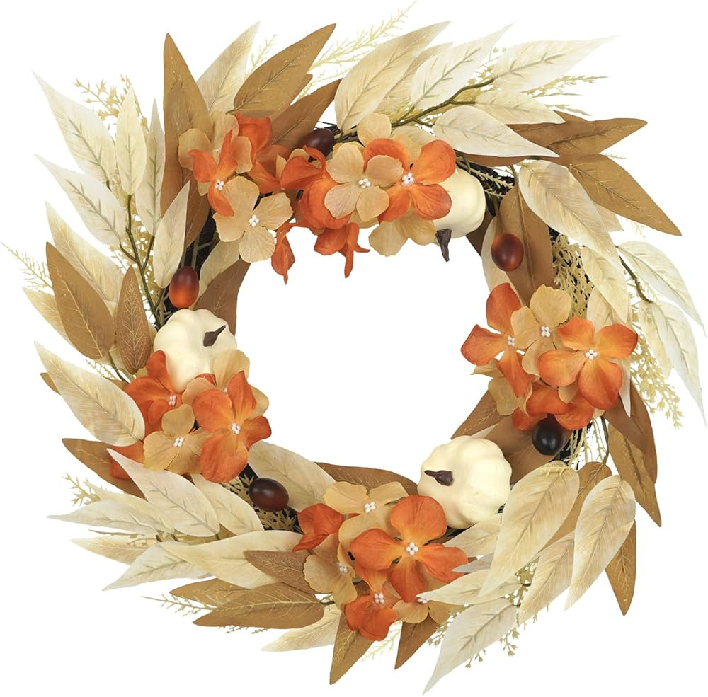 Artmag Fall Wreath Decor for Front Door, 18 inch Door Wreath with White Harvest Pumpkins Maple Le... | Amazon (US)