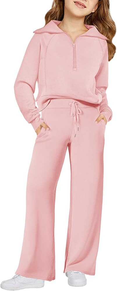 Haloumoning Girls 2 Piece Outfits Sweatsuit Half Zip Long Sleeve Sweatshirts Sweatpants Tracksuit... | Amazon (US)