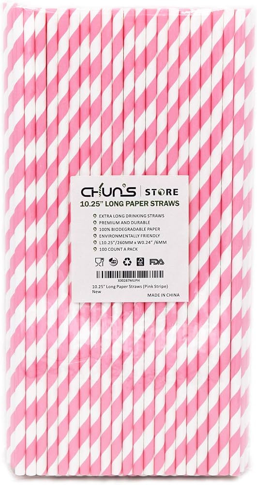 Biodegradable Pink Paper Straws for Drinking - 10 Inches Long, 0.24" Diameter, Pack of 100 | Amazon (US)