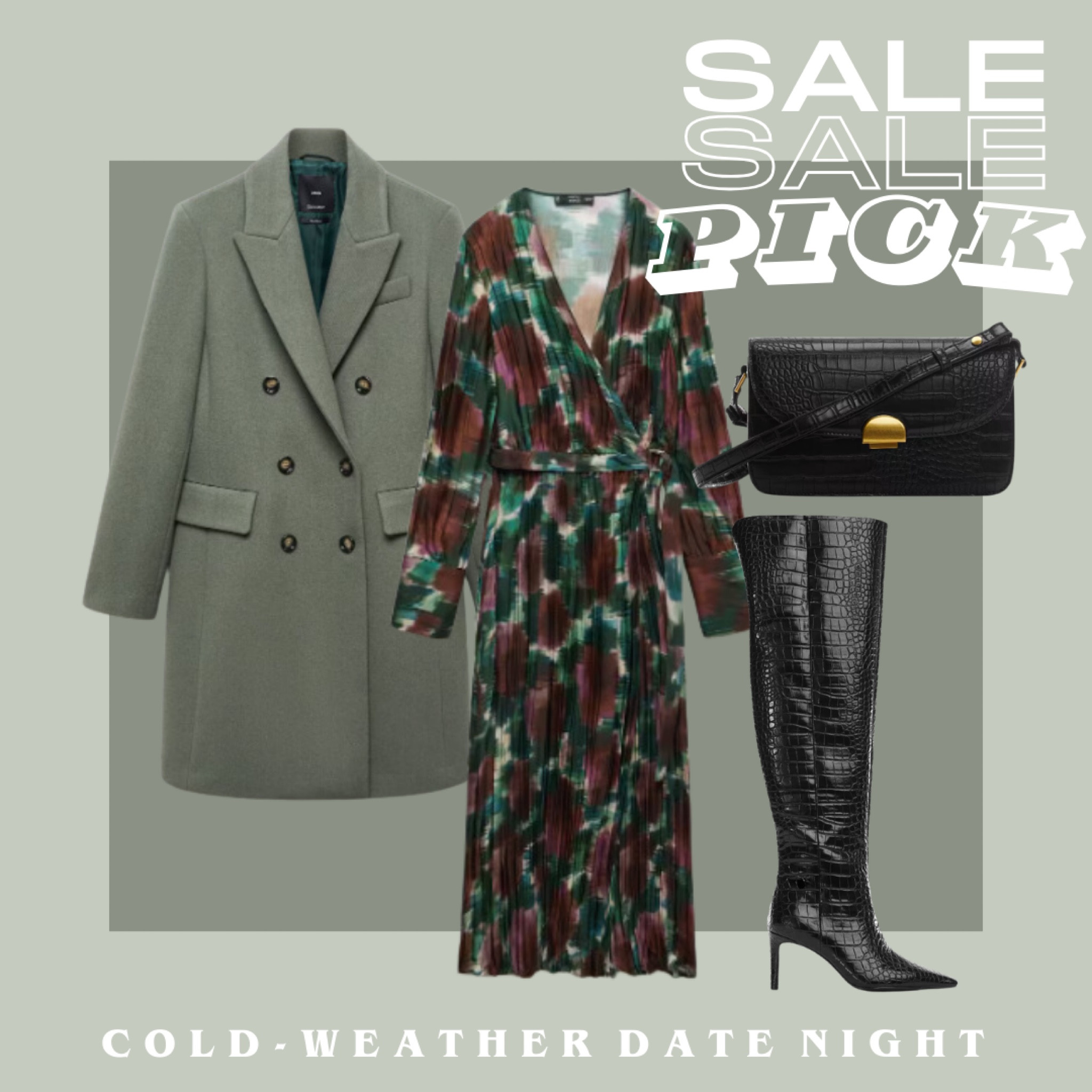 Date night outfit! Winter date night look that brings in seasonal colors and keeps you cozy. Opt for a knee boot even hidden under a midi dress! This black bag is an amazing price and a closet staple for any season. The green coat is so unique and gorgeous! #datenight 

#LTKsalealert #LTKfindsunder100 #LTKworkwear
