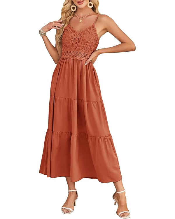 Dokuritu Women's Beach Crochet Lace Maxi Dress Solid Color Summer Vacation Spaghetti Strap Long D... | Amazon (US)