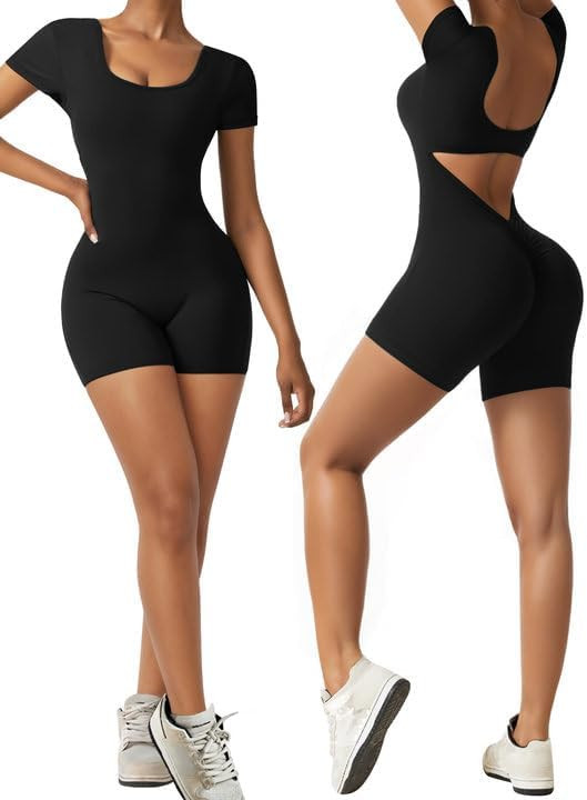 OEAK Short Sleeve Jumpsuit Workout for Women Square Neck One Piece Backless Tummy Control Bodycon... | Amazon (US)