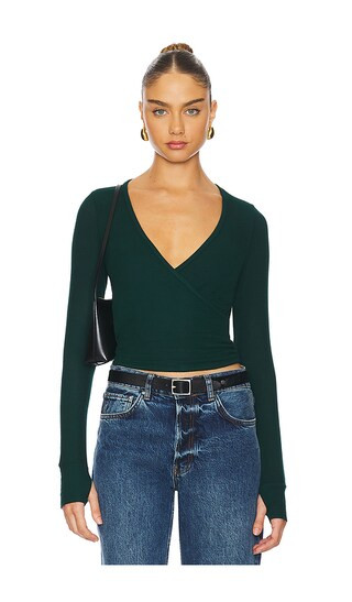 Fairbanks Surplice Deep V Long Sleeve W/ Thumbhole Top in Evergreen | Revolve Clothing (Global)