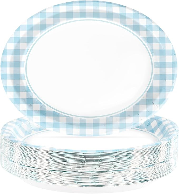 50PCS Light Blue Gingham Paper Oval Plates 10" X 12" Disposable Light Blue and White Gingham Part... | Amazon (US)