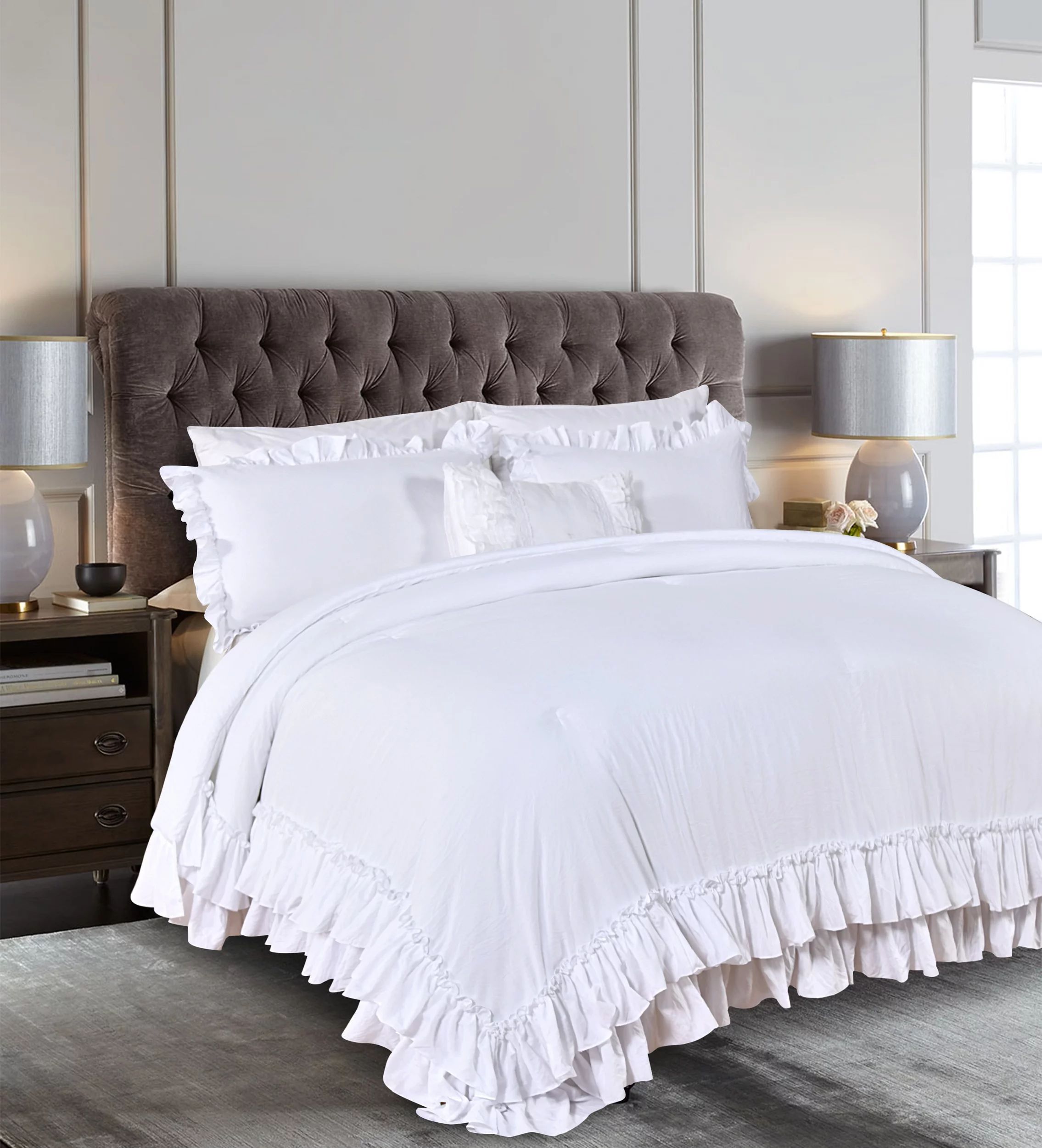 LadyAnn White Ruffled Shabby Comforter Set King,Boho Chic Farmhouse Ruffle Bedding Down Comforter... | Walmart (US)