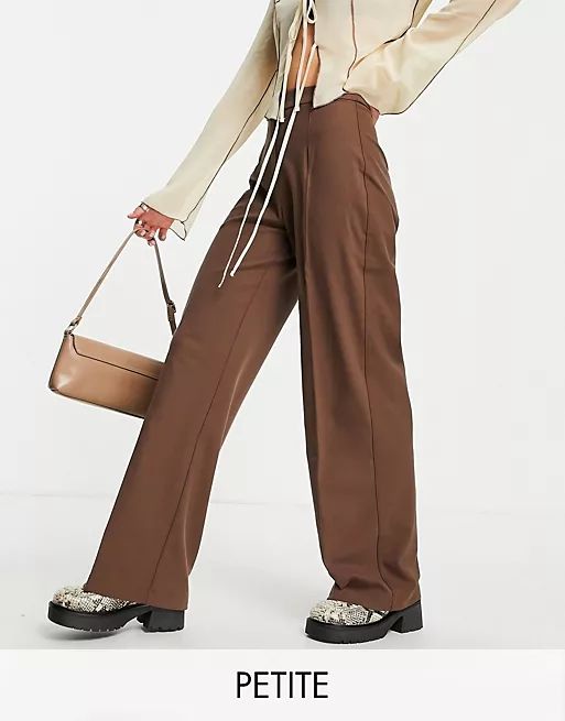 Bershka Petite wide leg slouchy dad tailored pants in brown | ASOS (Global)