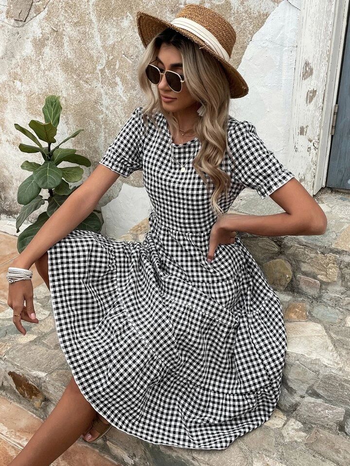 SHEIN VCAY Gingham Puff Sleeve Ruffle Hem Smock Dress | SHEIN