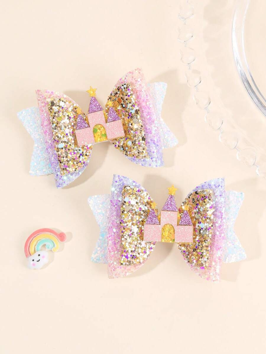 2pcs Shiny Castle Hair Clips, Suitable For Girls, Ombre Bow & Alligator Clips, Cute Princess Hair... | SHEIN