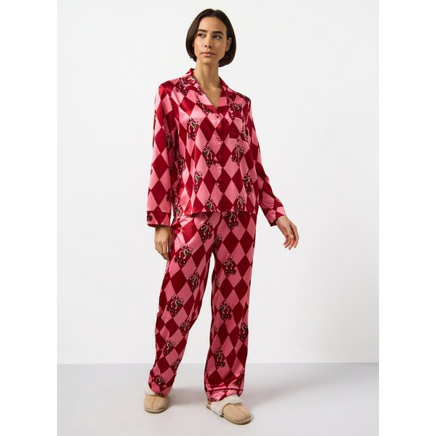 Pink Christmas Harlequin Cherry Printed Satin Pyjamas & Eye Mask 6 | Tu Clothing