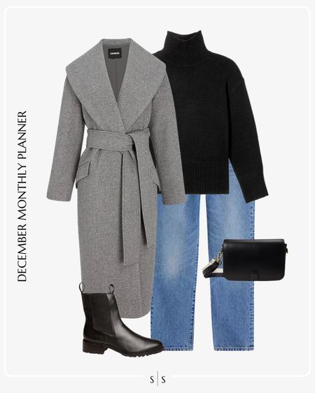 Monthly outfit planner: DECEMBER: Winter looks | grey topcoat, black turtleneck sweater, Levi’s crop Jean, lug boot, handbag 

See the entire calendar on thesarahstories.com ✨ 

#LTKstyletip