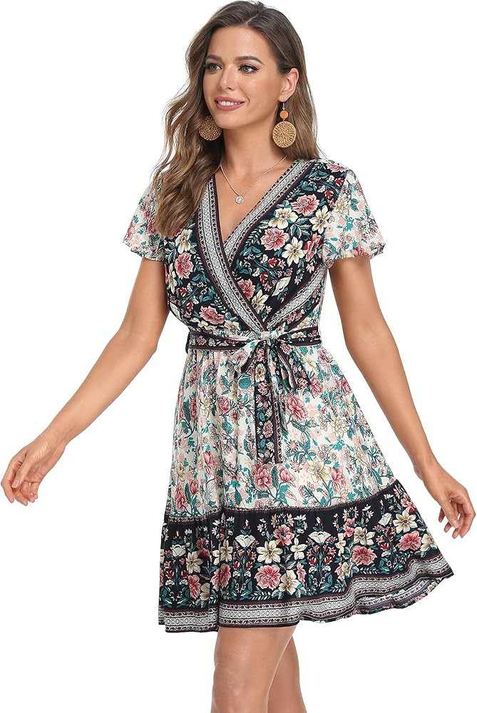VintageClothing Women's Floral Summer Dresses Wrap V Neck Casual Bohemian Ruffle Swing A Line Bea... | Amazon (US)