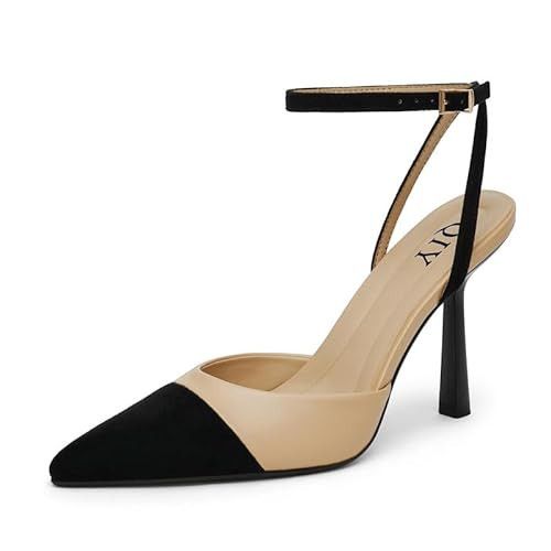 QIY Nude Pointed Toe Heels for Women Closed Pointy Cap Toe Two Tone Heels Nude and Black Slingback Kitten Stiletto Ankle Strap Heel Dress Shoes Women Pumps Size 6.5 | Amazon (US)