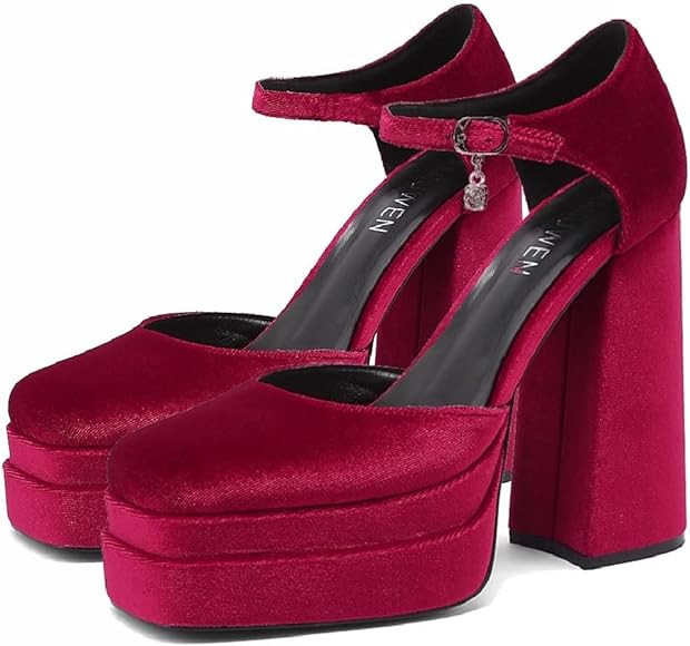 amiuwen Women Platform Pump Sandals,5" Chunky Block Heel,Ankle Strap Buckle,Closed Square Toe,Par... | Amazon (US)