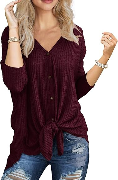 IWOLLENCE Womens Waffle Knit Tunic Blouse Tie Knot Henley Tops Loose Fitting Bat Wing Plain Shirt... | Amazon (US)