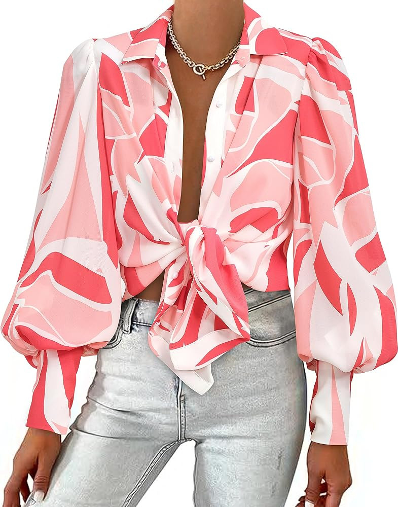 BTFBM Women Fashion Button Down Shirts 2026 V Neck Boho Printed Long Sleeve Blouses Dressy Casual... | Amazon (US)