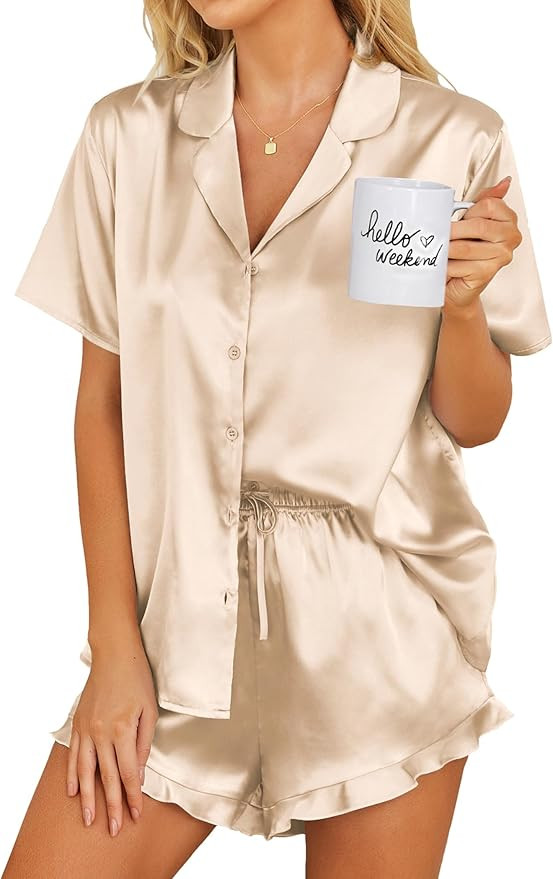 Ekouaer Womens Satin Pajamas Set Button Down 2 Piece Silk Pjs Shorts Set Ruffle Lingerie Notch Co... | Amazon (US)
