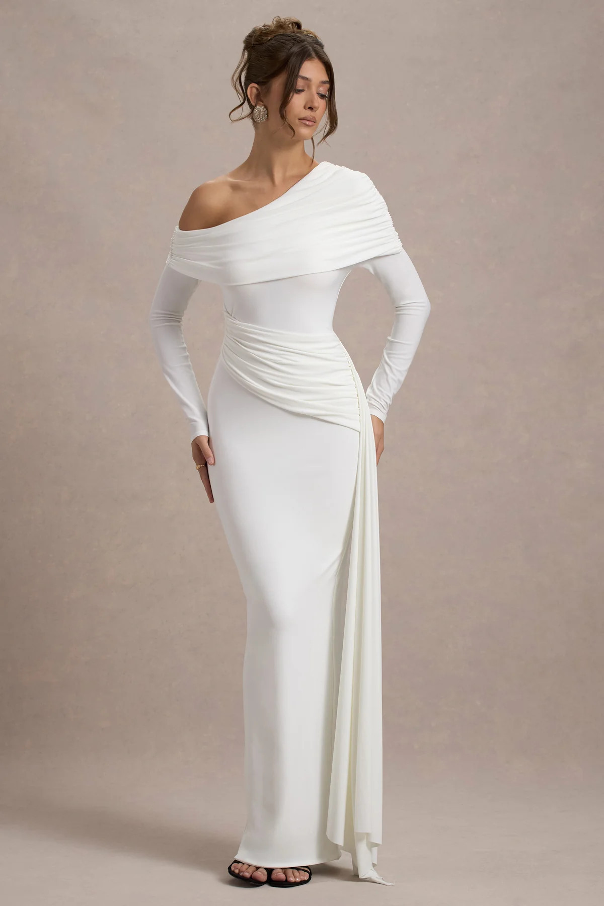 Valina | White Ruched Asymmetric Maxi Dress With Drape | Club L London