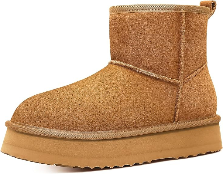 Litfun Platform Snow Boots for Women Winter Genuine Suede Ankle Mini Boots with Fur Lined | Amazon (US)