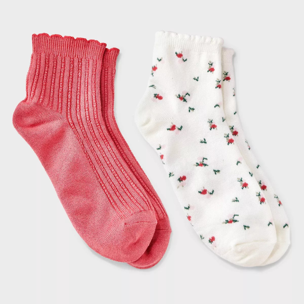 Women's Floral 2pk Ankle Socks with Scallop Cuff - Auden™ 4-10 | Target