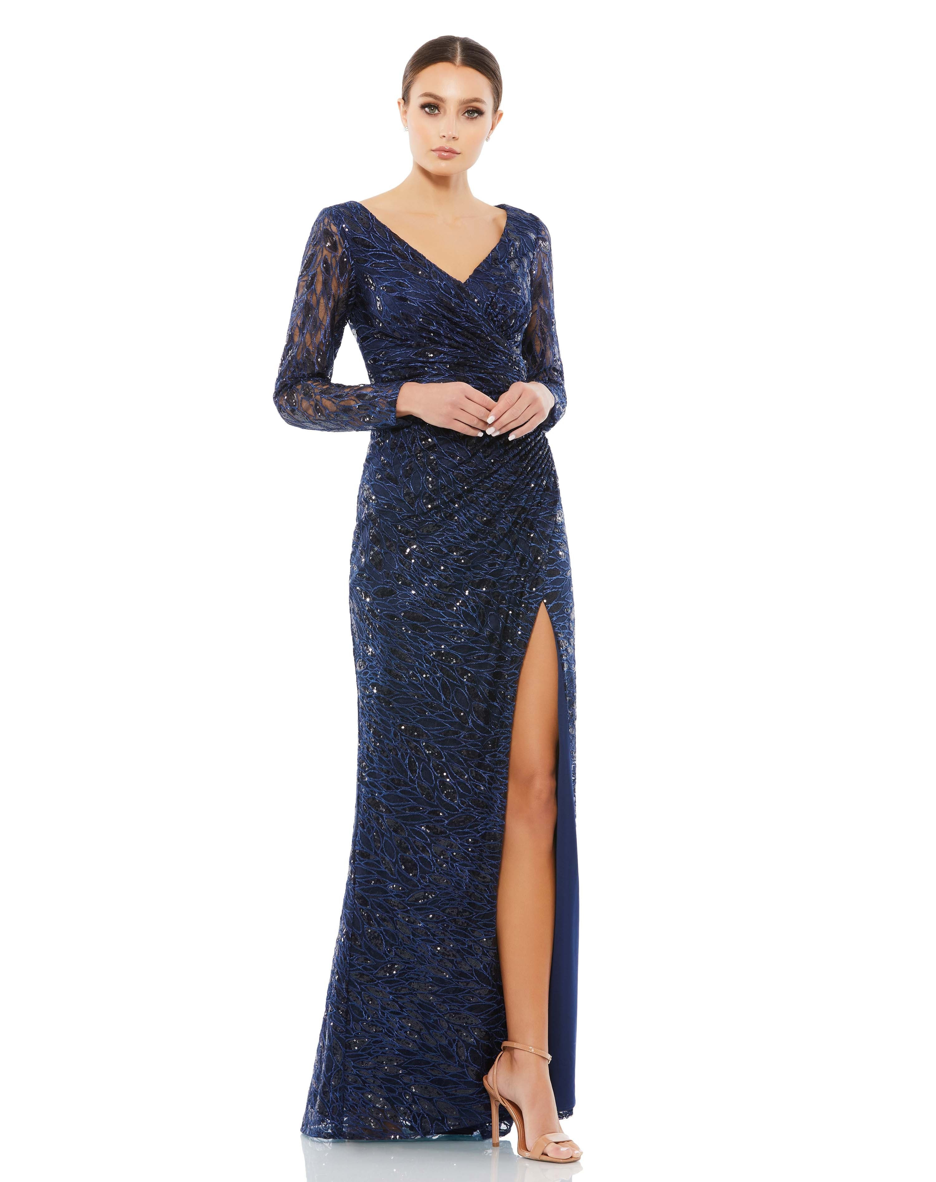 Long Sleeve Ruched Sequined V-Neck Gown | Mac Duggal