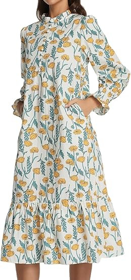 Women Fall Dresses 2025 Casual Puff Long Sleeve Mock Neck Midi Dress Floral Long Dress | Amazon (US)